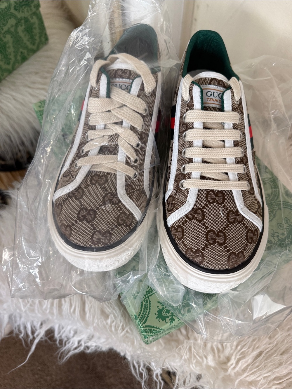 Brown GG Canvas Sneakers with Green-Red Web